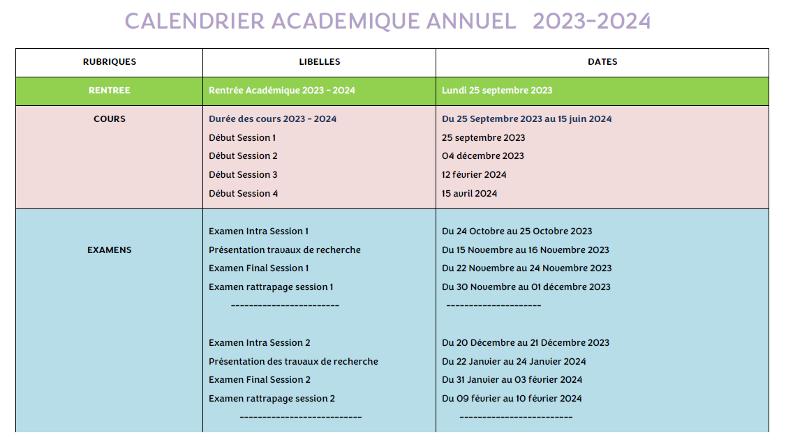 calendrier academique 2023-2024